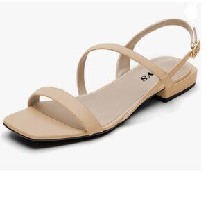FYS Nude Square Open Toe Sandals Low Heel Strappy Slingbacks Comfy Summer Shoes